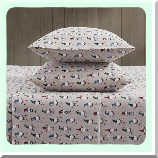 FlannelSoft Brushed Cotton Bedding Set - Cozy Gnome Taupe Full Sheets & Pillowcases - Extra Soft & Warm Bed Linens - 4-Piece Full Size Bedding Kit