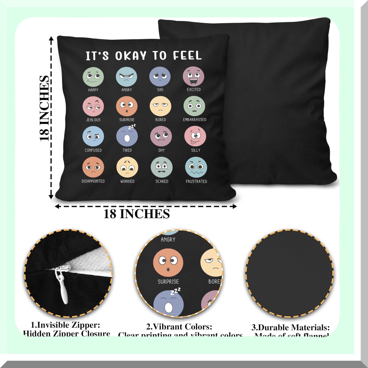 CalmMind Kids Therapy Pillowcase - 18x18 Inch Decorative Cover for Mental Health, School Psychology, Counselor Office - Double-Sided Design - Gift Pack A09