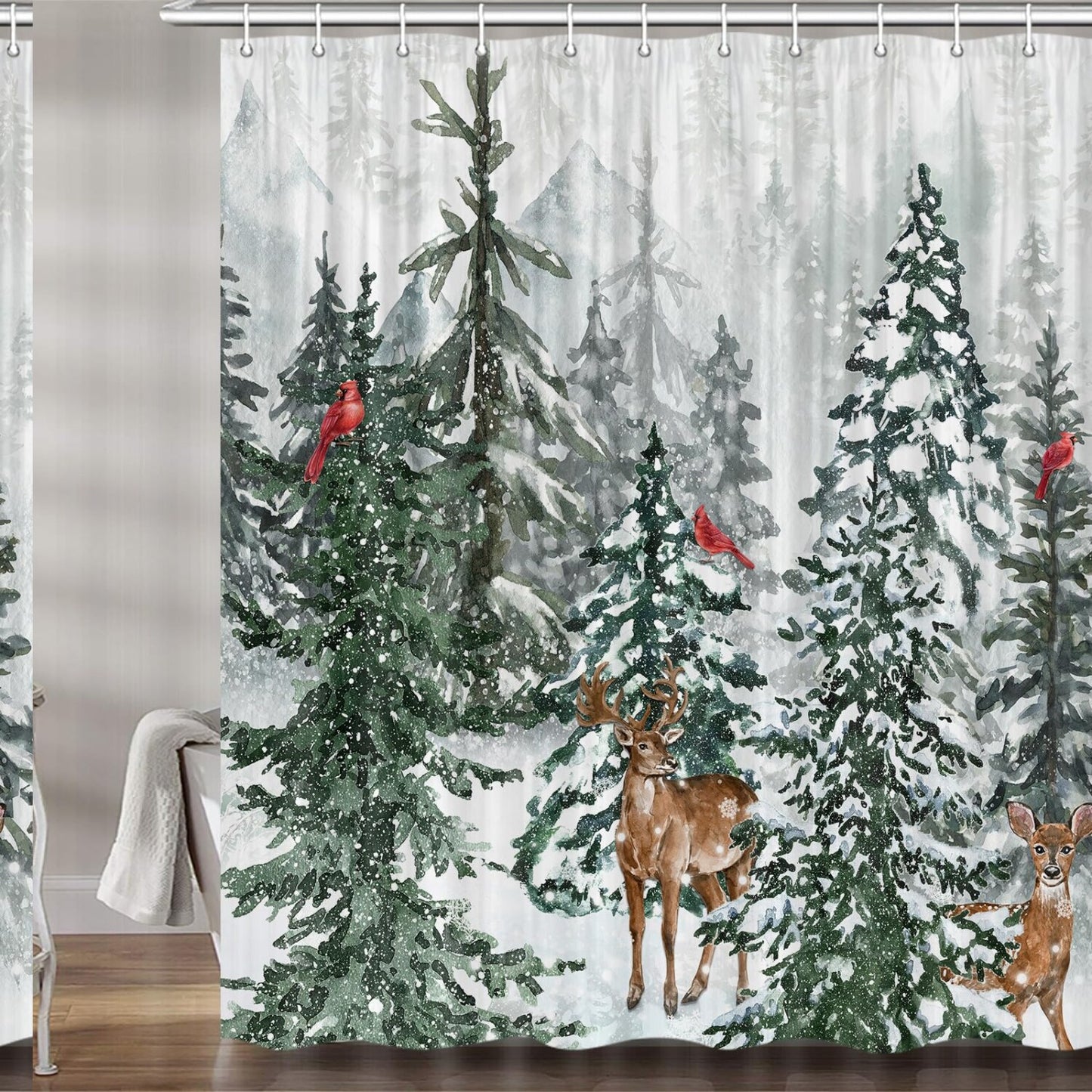 Winter Forest Deer Pine Tree Cardinal Snowflake Shower Curtain 72x72 Inches