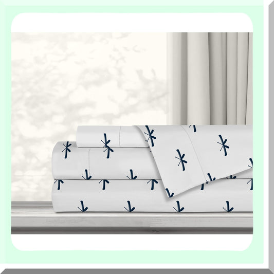 Breathable Hotel Comfort Queen Bedding Set - Cozy Microfiber Sheets & Pillowcases with Deep Pockets, Wrinkle & Fade Resistant - Canoes Blue 4 Piece