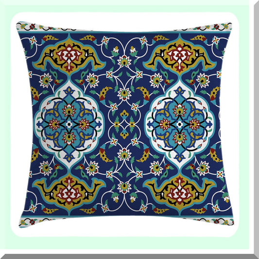 Byzantine Tile Effect Decorative Pillow Cover - Moroccan Oriental Motif Square Cushion Case, 24x24 Mustard Royal Blue Accent Artwork