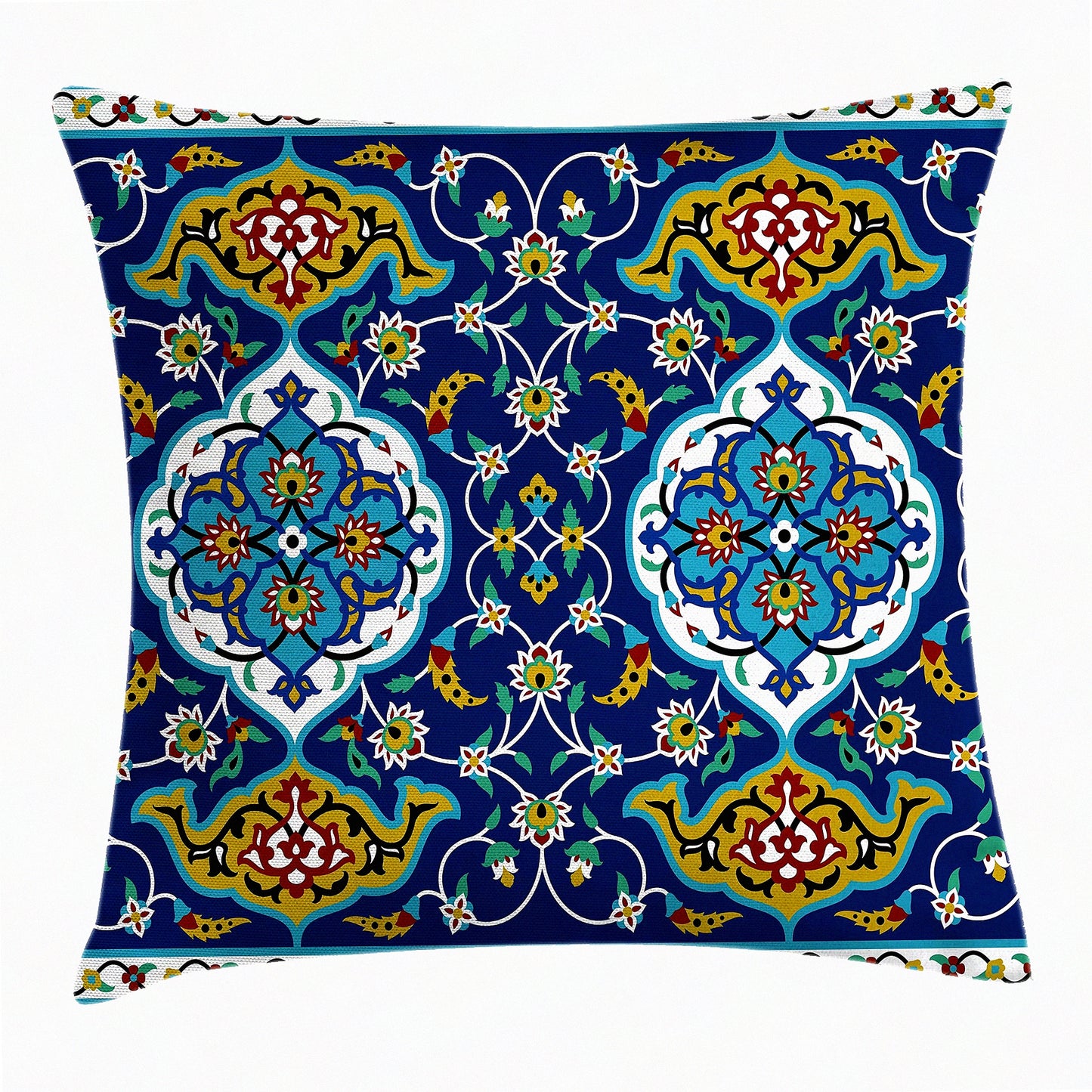 Byzantine Tile Effect Decorative Pillow Cover - Moroccan Oriental Motif Square Cushion Case, 24x24 Mustard Royal Blue Accent Artwork