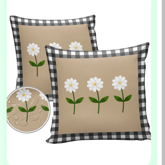 Waterproof Daisy Flower Buffalo Check Pillow Covers - Set of 2, Black White Plaid Decorative Cushion Cases for Patio Couch, Tent, Balcony - 16"X16" Square Soft Pillowcase