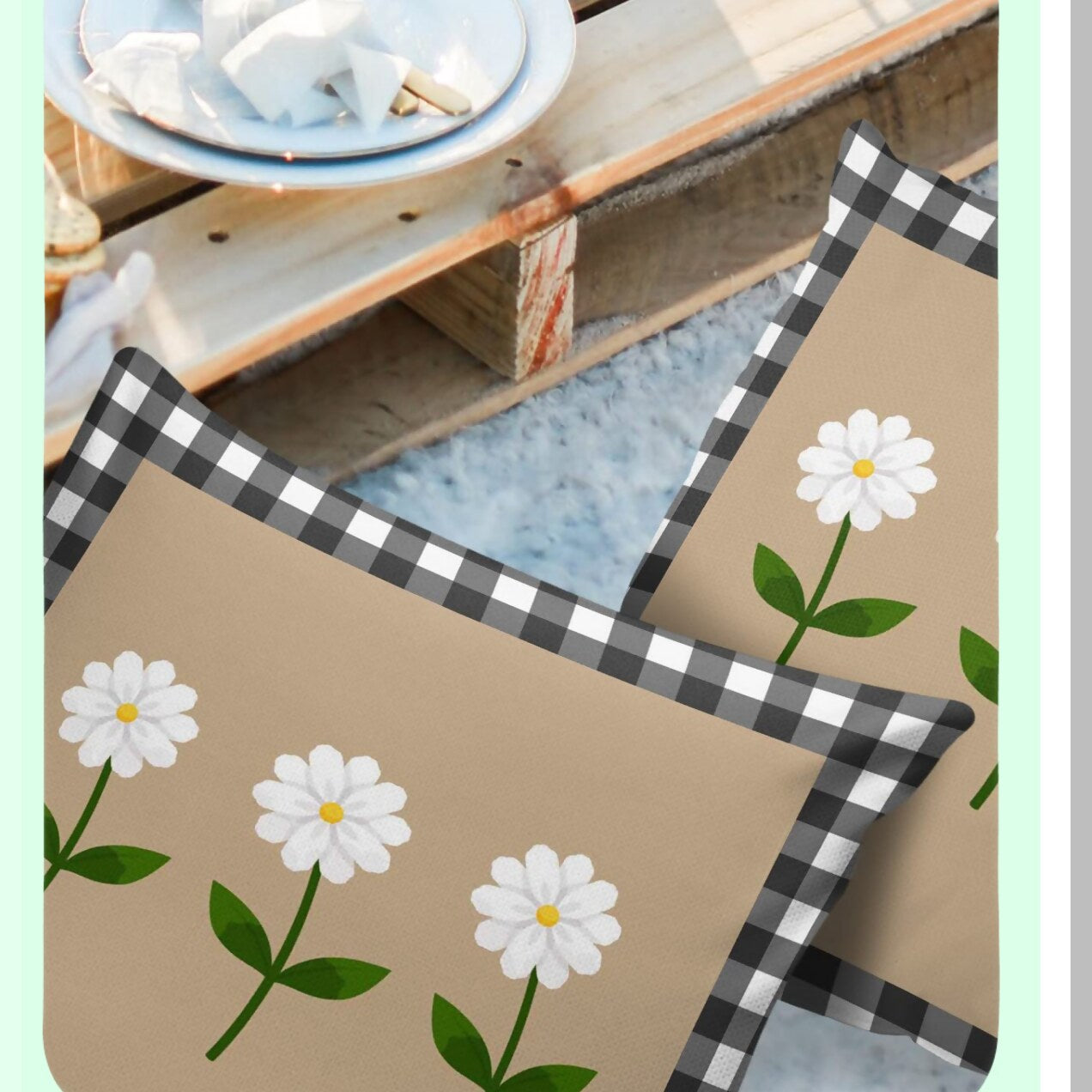 Waterproof Daisy Flower Buffalo Check Pillow Covers - Set of 2, Black White Plaid Decorative Cushion Cases for Patio Couch, Tent, Balcony - 16"X16" Square Soft Pillowcase