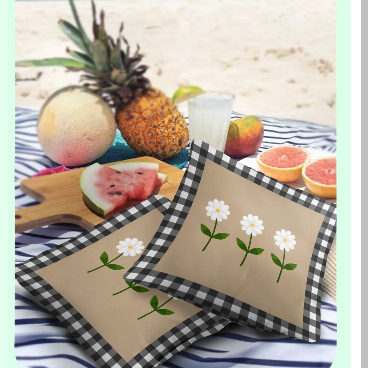 Waterproof Daisy Flower Buffalo Check Pillow Covers - Set of 2, Black White Plaid Decorative Cushion Cases for Patio Couch, Tent, Balcony - 16"X16" Square Soft Pillowcase