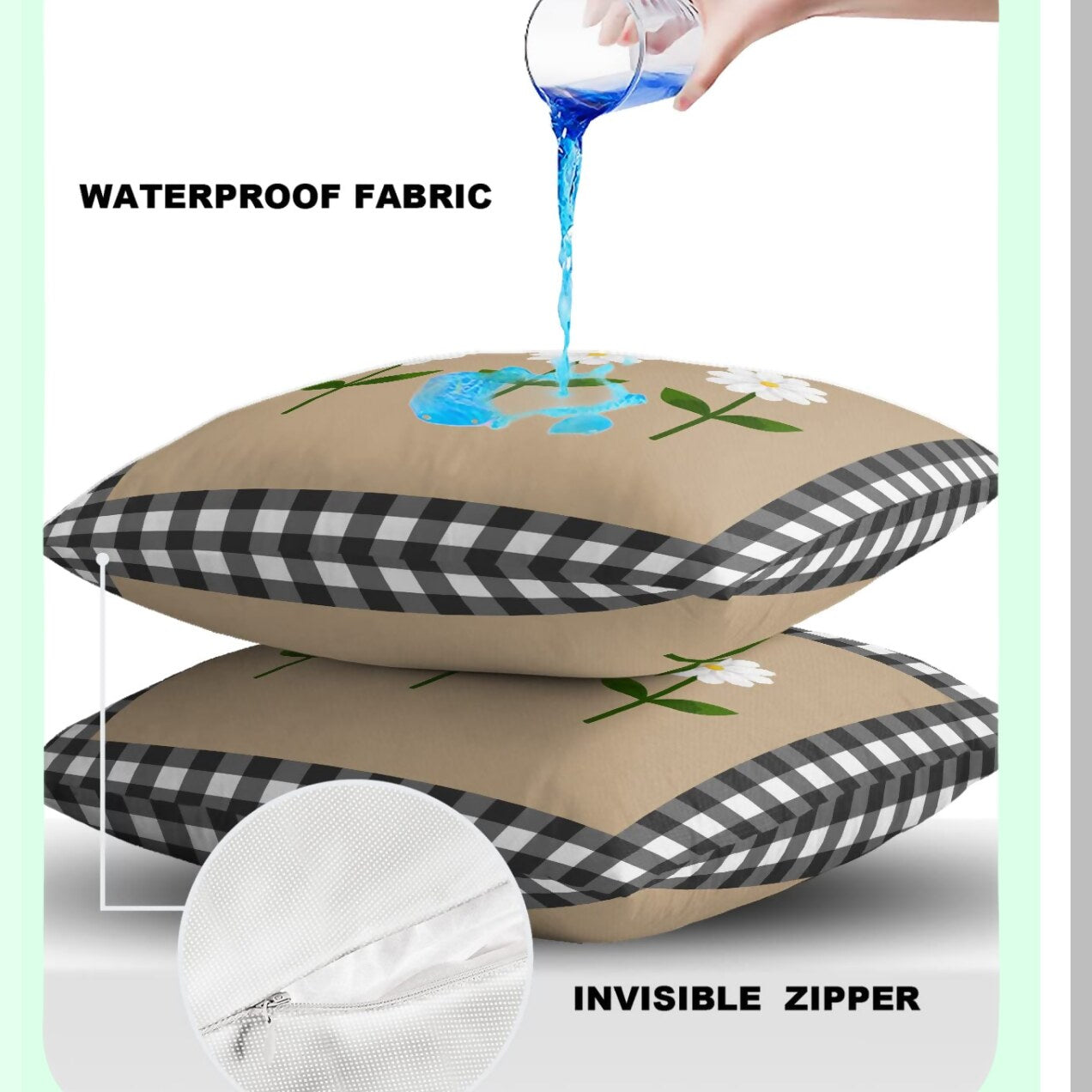 Waterproof Daisy Flower Buffalo Check Pillow Covers - Set of 2, Black White Plaid Decorative Cushion Cases for Patio Couch, Tent, Balcony - 16"X16" Square Soft Pillowcase