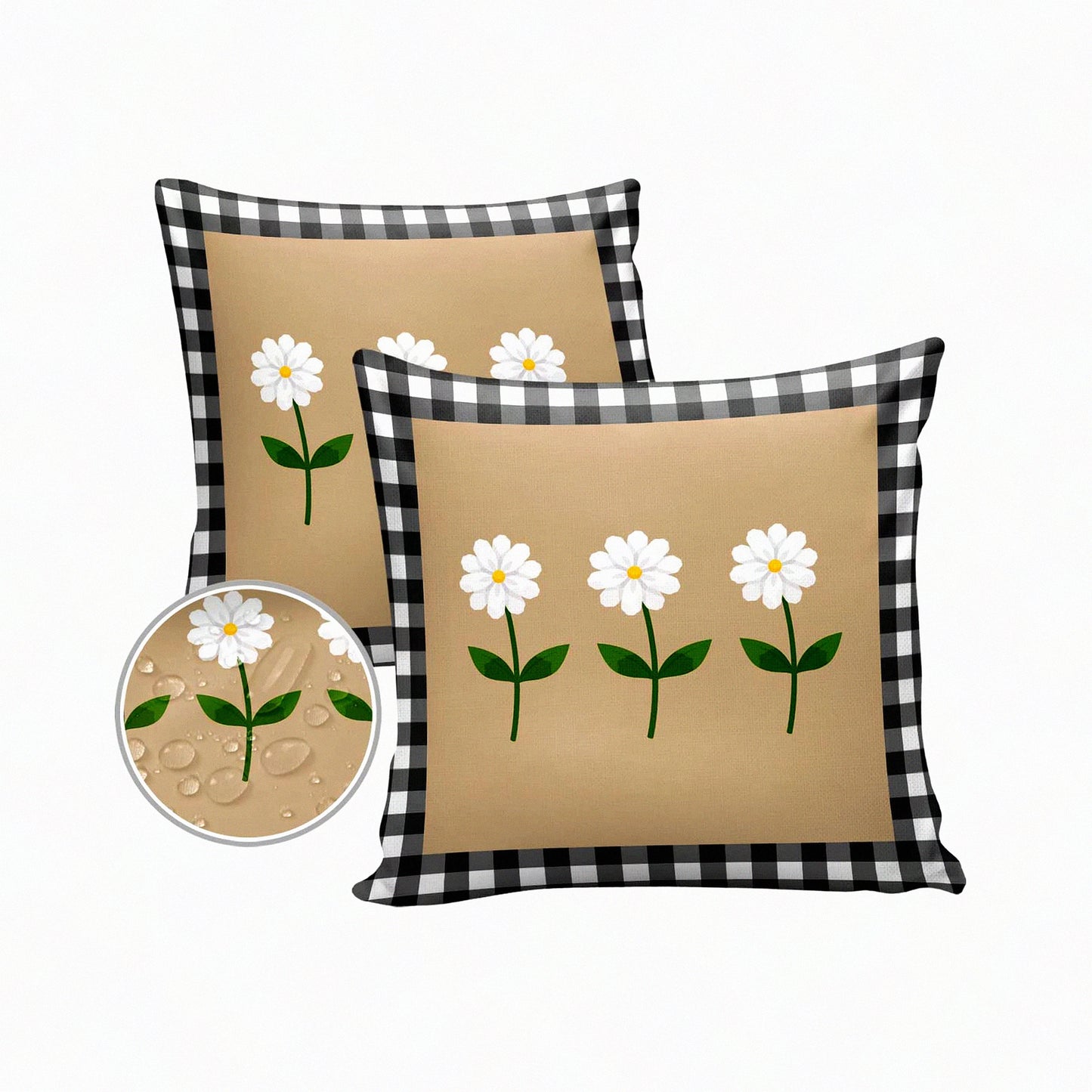 Waterproof Daisy Flower Buffalo Check Pillow Covers - Set of 2, Black White Plaid Decorative Cushion Cases for Patio Couch, Tent, Balcony - 16"X16" Square Soft Pillowcase
