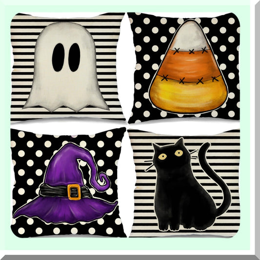 Spooky Stripe Polka Dot Pillow Covers Set - Black Cat Ghost Hat Throw Pillowcases - Indoor Holiday Decoration for Home Party Sofa Couch - 20x20 Inch