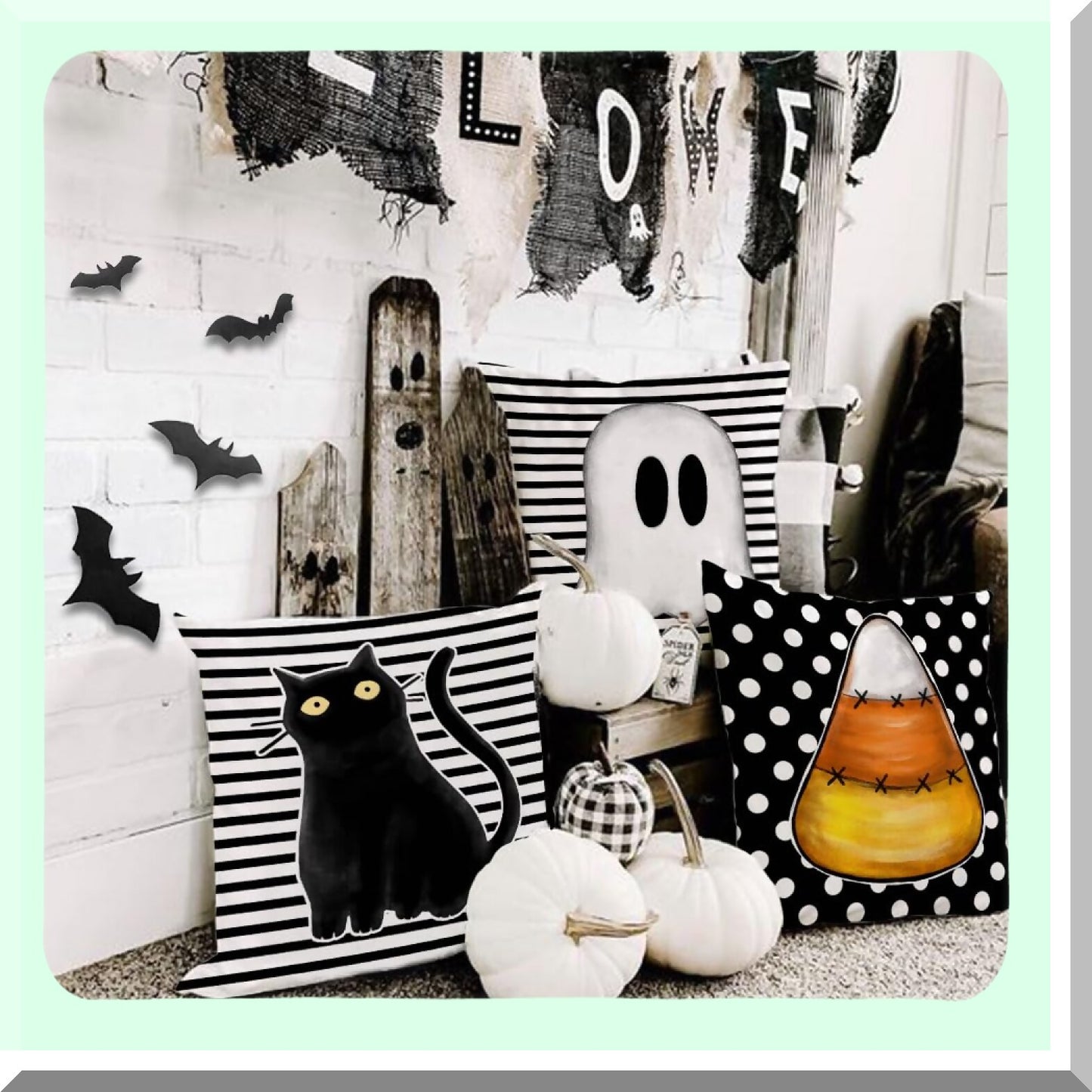 Spooky Stripe Polka Dot Pillow Covers Set - Black Cat Ghost Hat Throw Pillowcases - Indoor Holiday Decoration for Home Party Sofa Couch - 20x20 Inch