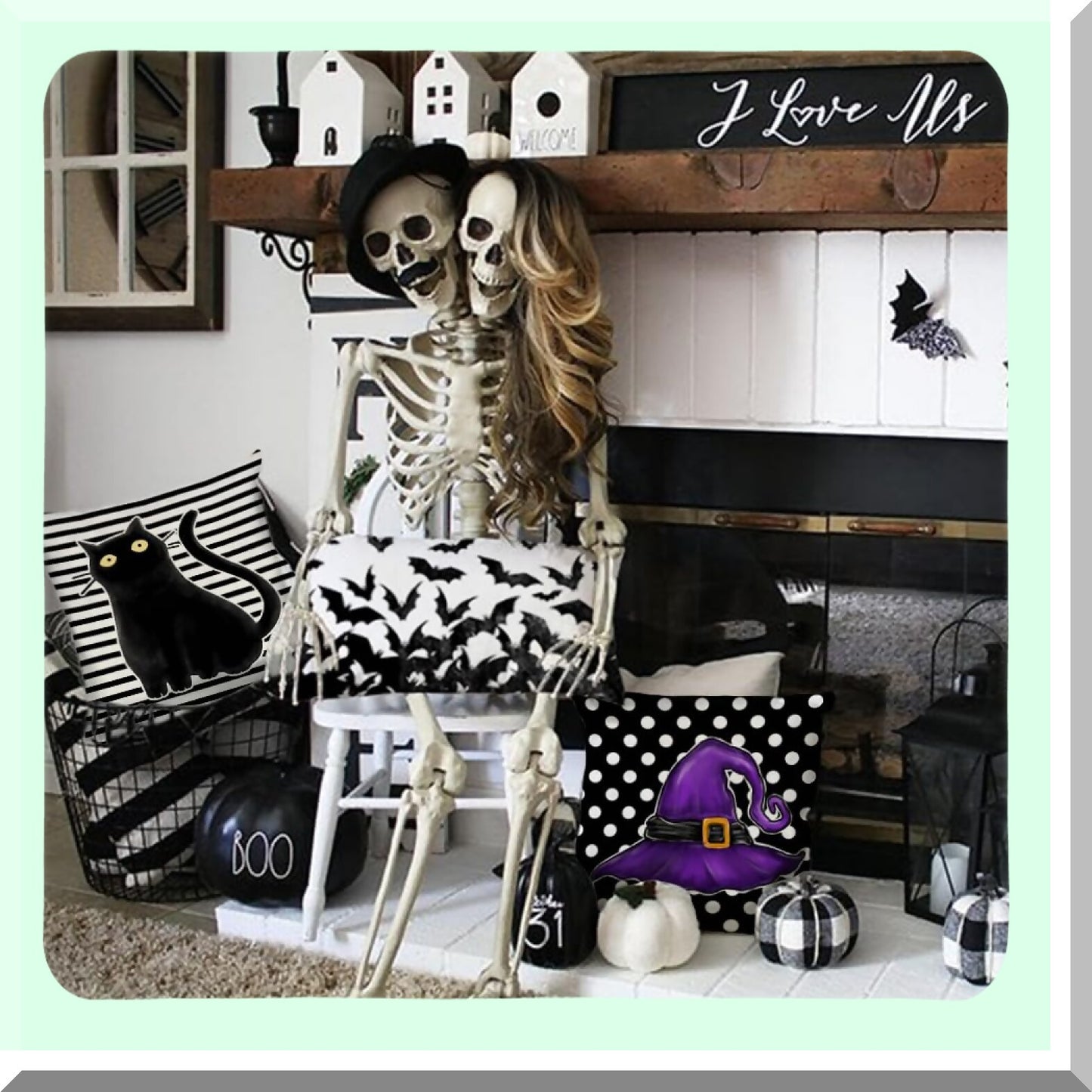 Spooky Stripe Polka Dot Pillow Covers Set - Black Cat Ghost Hat Throw Pillowcases - Indoor Holiday Decoration for Home Party Sofa Couch - 20x20 Inch