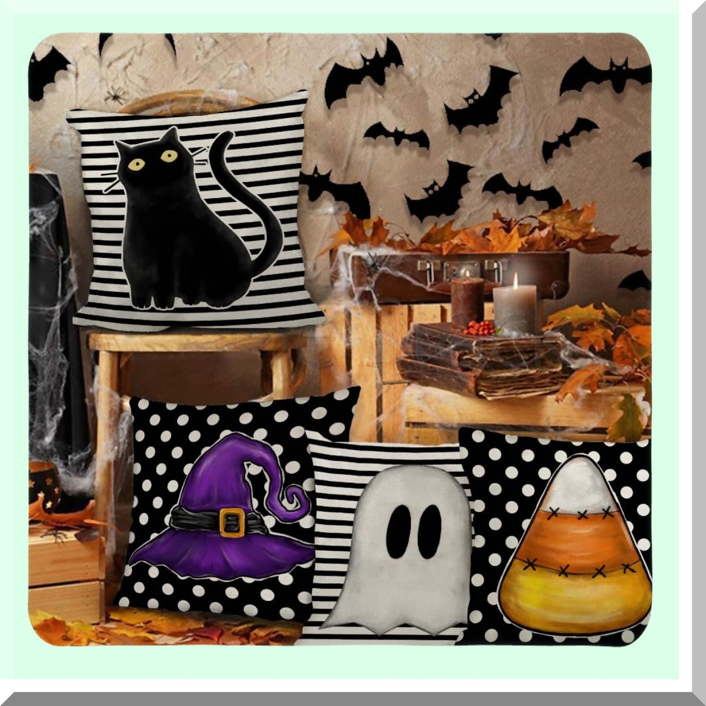 Spooky Stripe Polka Dot Pillow Covers Set - Black Cat Ghost Hat Throw Pillowcases - Indoor Holiday Decoration for Home Party Sofa Couch - 20x20 Inch