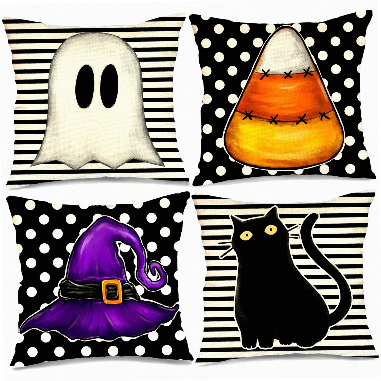 Spooky Stripe Polka Dot Pillow Covers Set - Black Cat Ghost Hat Throw Pillowcases - Indoor Holiday Decoration for Home Party Sofa Couch - 20x20 Inch