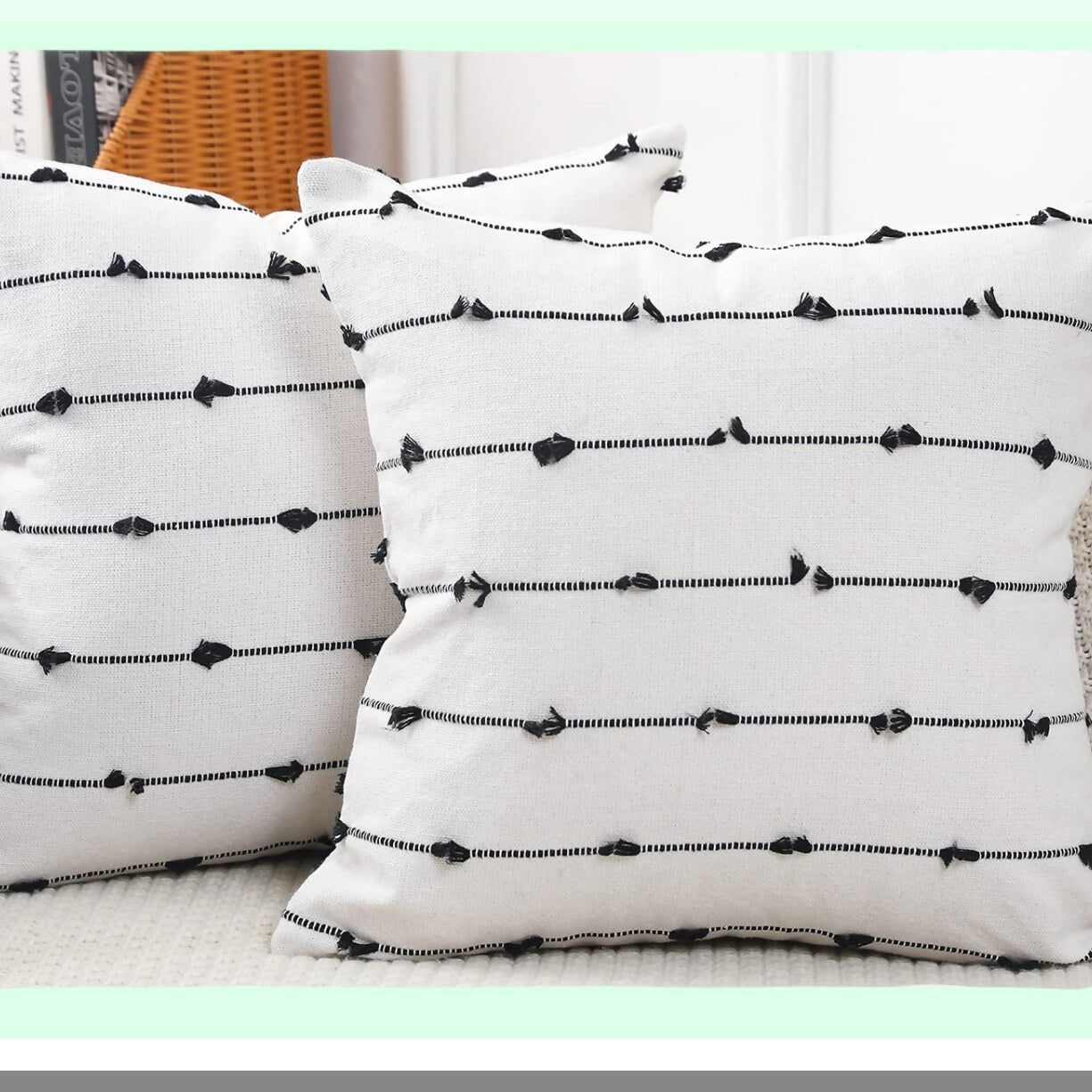 Boho Fringe Farmhouse Pillow Covers - Set of 2 26x26 Black Off White Neutral Couch Cushion Cases - Modern Accent Decor for Living Room Sofa Bed