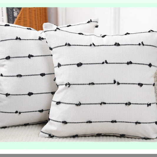 Boho Fringe Farmhouse Pillow Covers - Set of 2 26x26 Black Off White Neutral Couch Cushion Cases - Modern Accent Decor for Living Room Sofa Bed