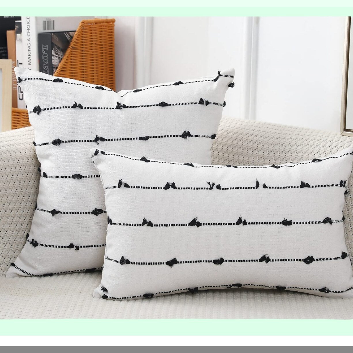 Boho Fringe Farmhouse Pillow Covers - Set of 2 26x26 Black Off White Neutral Couch Cushion Cases - Modern Accent Decor for Living Room Sofa Bed