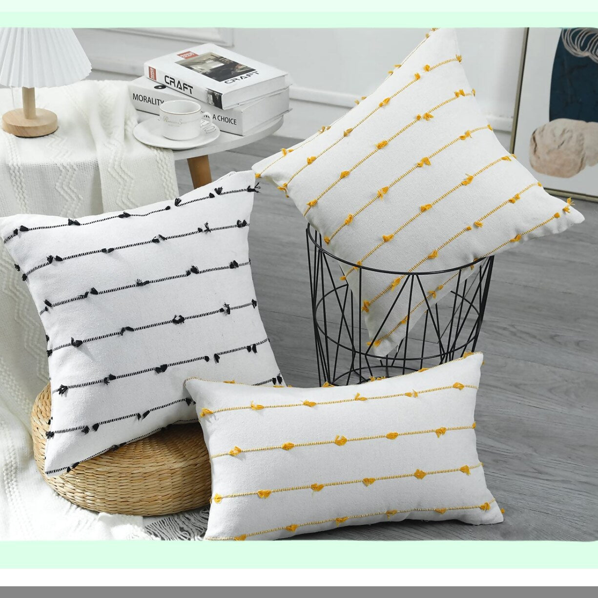 Boho Fringe Farmhouse Pillow Covers - Set of 2 26x26 Black Off White Neutral Couch Cushion Cases - Modern Accent Decor for Living Room Sofa Bed