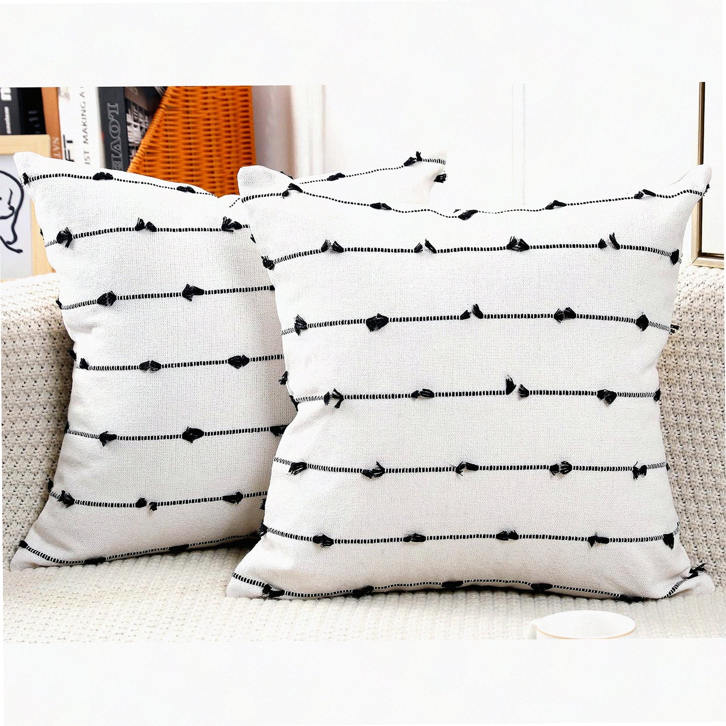 Boho Fringe Farmhouse Pillow Covers - Set of 2 26x26 Black Off White Neutral Couch Cushion Cases - Modern Accent Decor for Living Room Sofa Bed