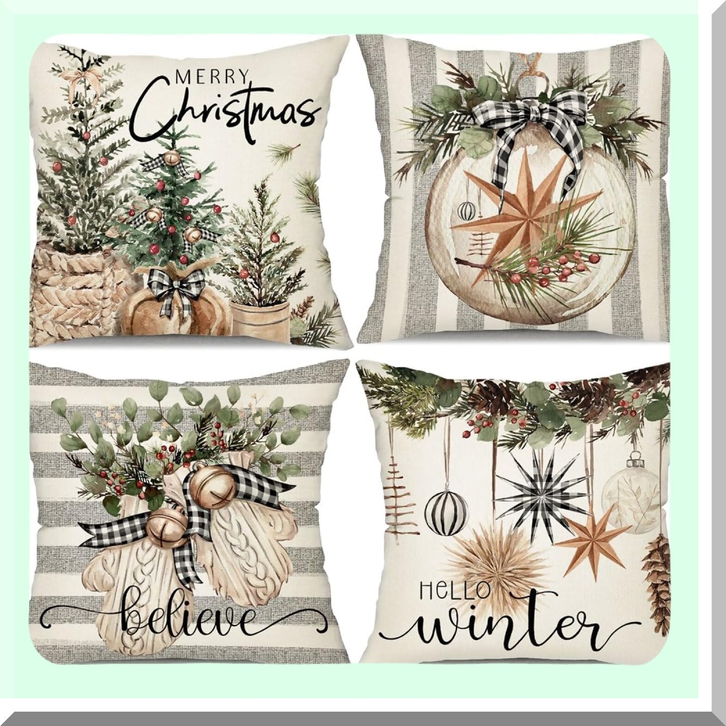 Winter Farmhouse Stripe Pillow Covers Set - 18x18 Inch Decorative Throw Pillow Covers for Home Couch - Hello Winter Tree Gloves Decoration