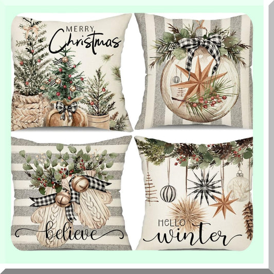 Winter Farmhouse Stripe Pillow Covers Set - 18x18 Inch Decorative Throw Pillow Covers for Home Couch - Hello Winter Tree Gloves Decoration