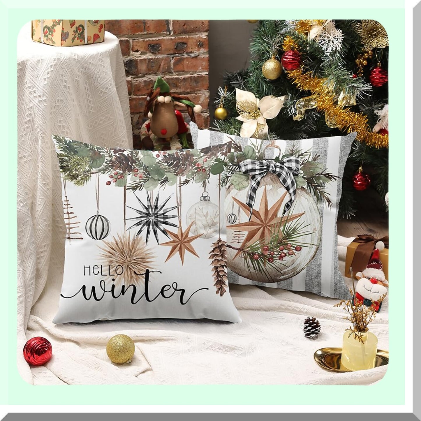 Winter Farmhouse Stripe Pillow Covers Set - 18x18 Inch Decorative Throw Pillow Covers for Home Couch - Hello Winter Tree Gloves Decoration