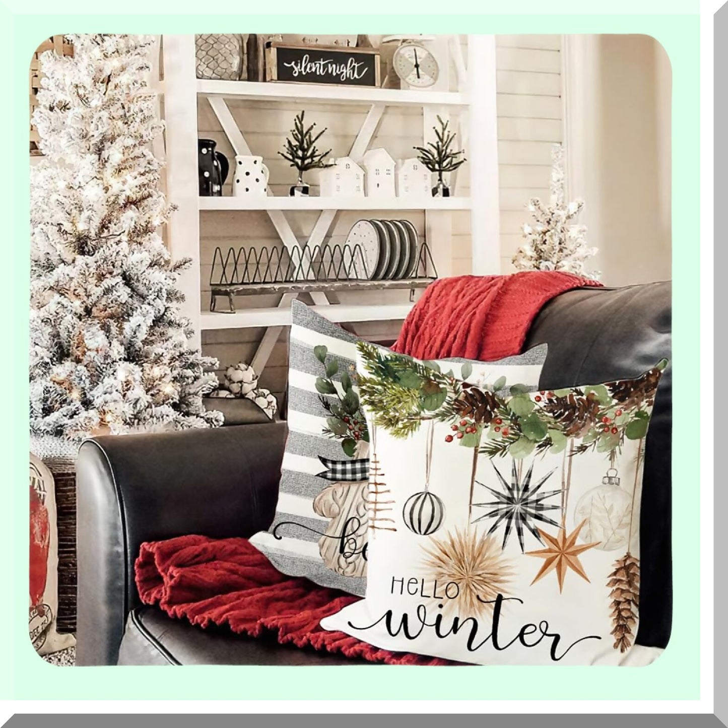 Winter Farmhouse Stripe Pillow Covers Set - 18x18 Inch Decorative Throw Pillow Covers for Home Couch - Hello Winter Tree Gloves Decoration