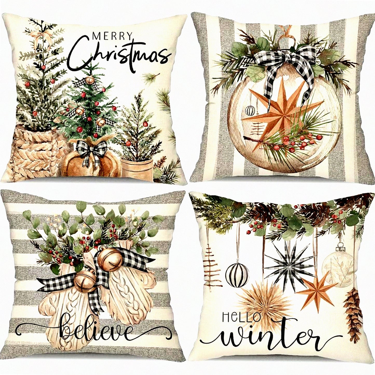 Winter Farmhouse Stripe Pillow Covers Set - 18x18 Inch Decorative Throw Pillow Covers for Home Couch - Hello Winter Tree Gloves Decoration