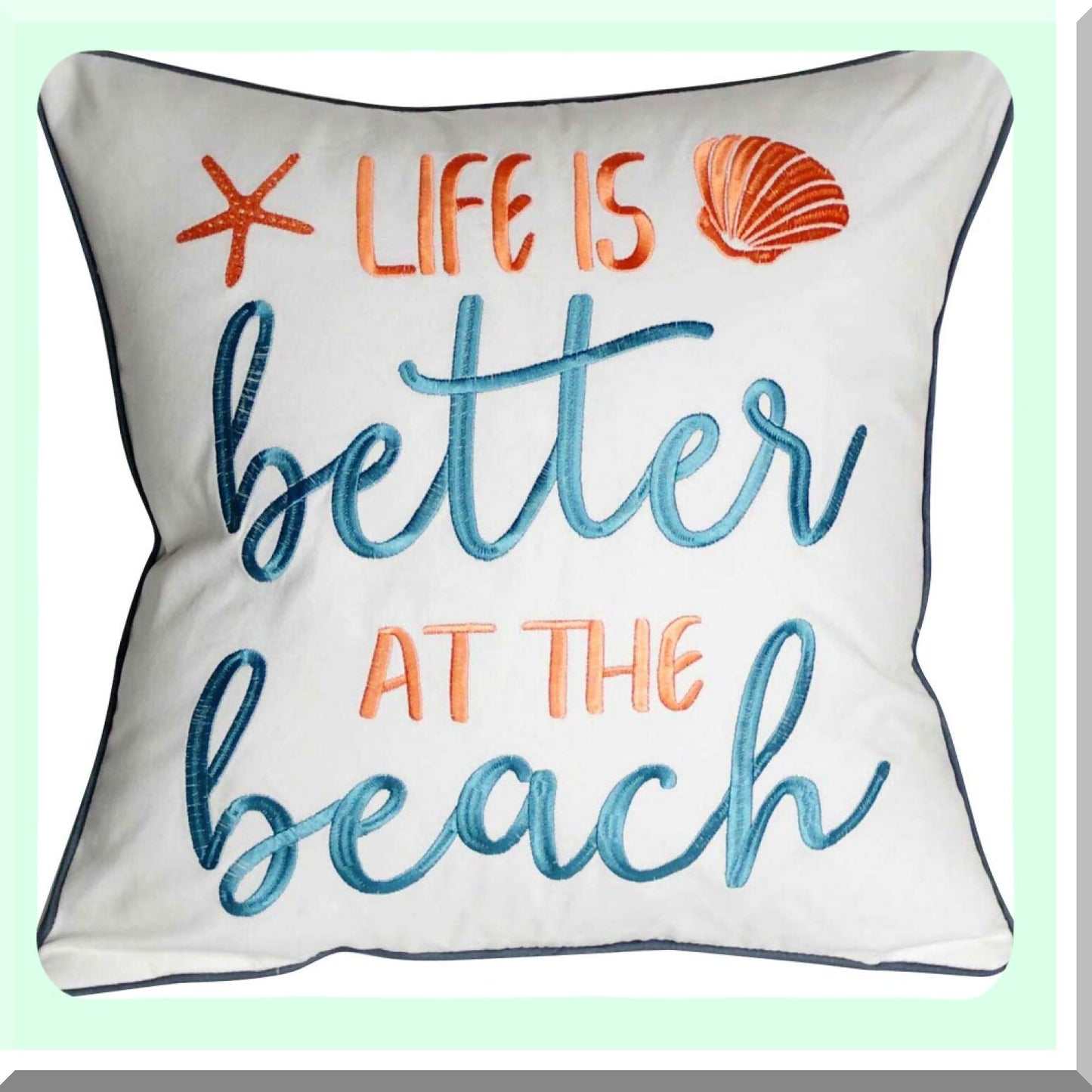 Beach Bliss Embroidered Pillow Cover - Coastal Decor Square 18" Canvas Throw Pillow with "Life is Better at The Beach" Pattern - Cover Only