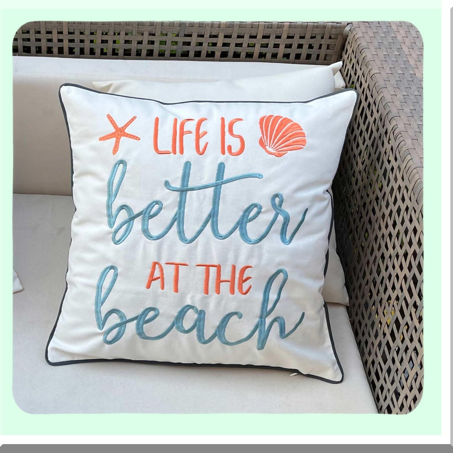 Beach Bliss Embroidered Pillow Cover - Coastal Decor Square 18" Canvas Throw Pillow with "Life is Better at The Beach" Pattern - Cover Only