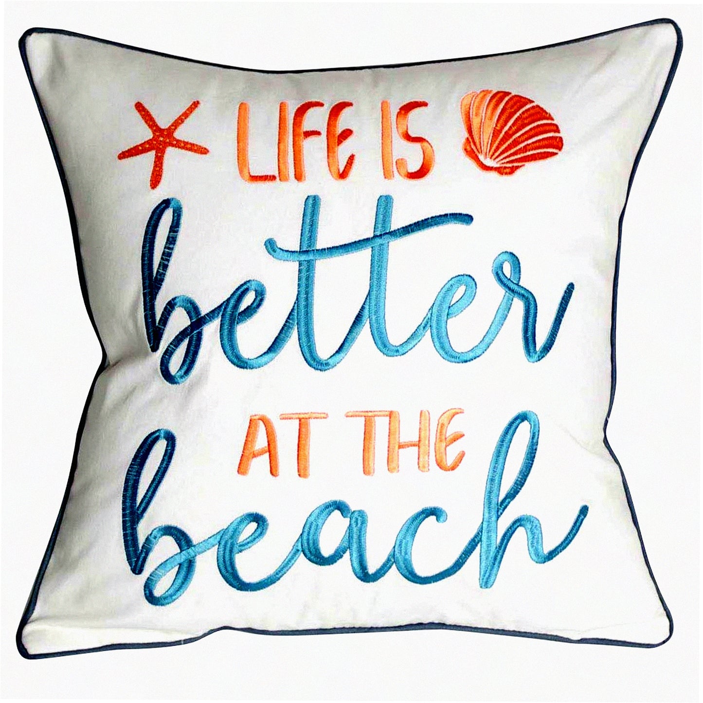 Beach Bliss Embroidered Pillow Cover - Coastal Decor Square 18" Canvas Throw Pillow with "Life is Better at The Beach" Pattern - Cover Only