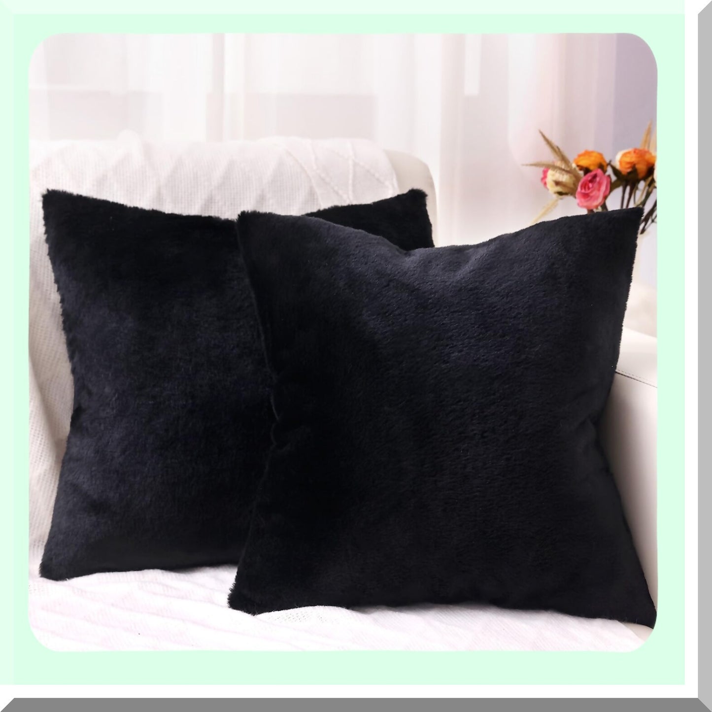 Luxury Plush Black Pillow Covers - Set of 2 18x18 Soft Fluffy Cozy Decorative Sofa Couch Living Room Pillows