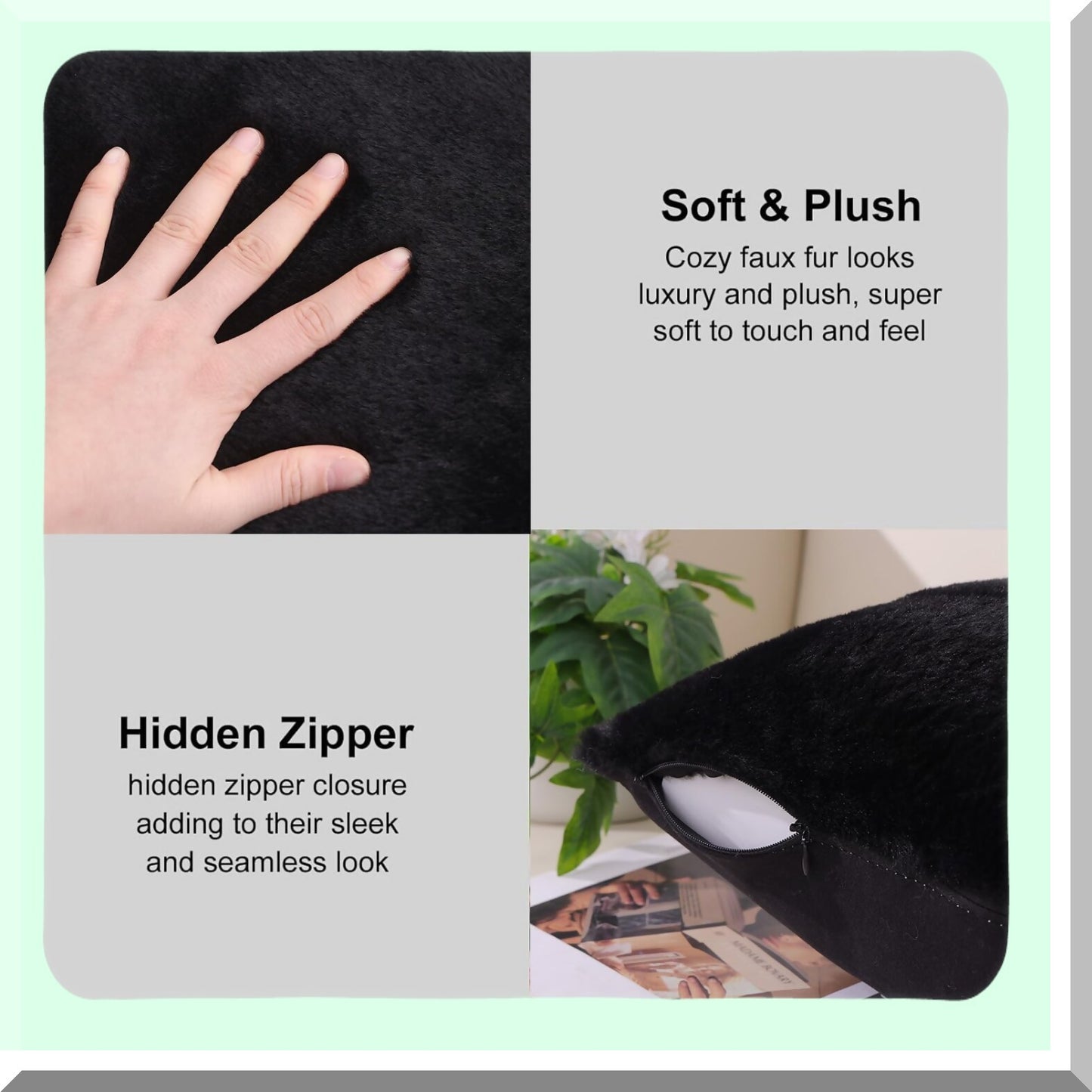 Luxury Plush Black Pillow Covers - Set of 2 18x18 Soft Fluffy Cozy Decorative Sofa Couch Living Room Pillows