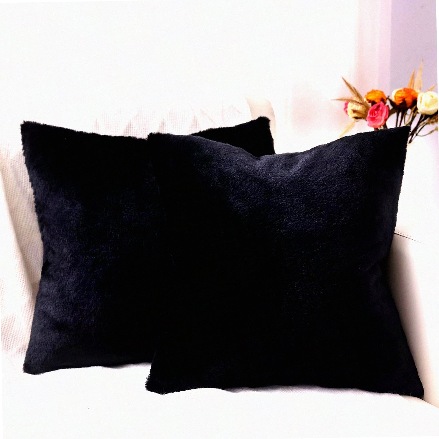 Luxury Plush Black Pillow Covers - Set of 2 18x18 Soft Fluffy Cozy Decorative Sofa Couch Living Room Pillows