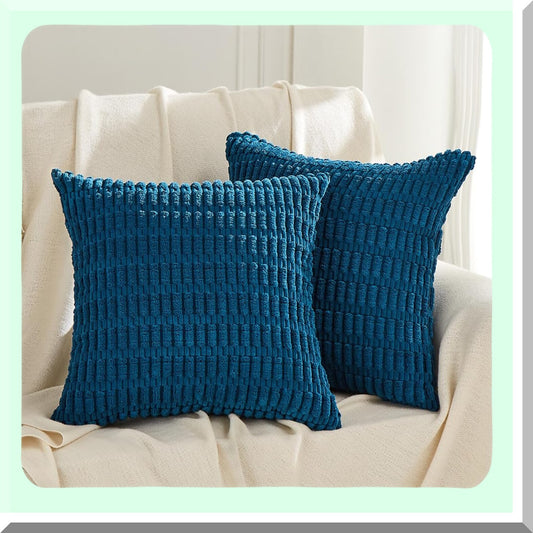 Rustic Farmhouse Teal Striped Corduroy Pillow Covers - Set of 2 | Soft Boho Decorative Cushion Cases for Living Room Couch Bed Sofa - 22x22 Inch