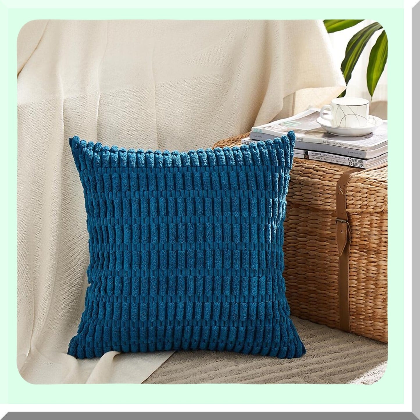 Rustic Farmhouse Teal Striped Corduroy Pillow Covers - Set of 2 | Soft Boho Decorative Cushion Cases for Living Room Couch Bed Sofa - 22x22 Inch