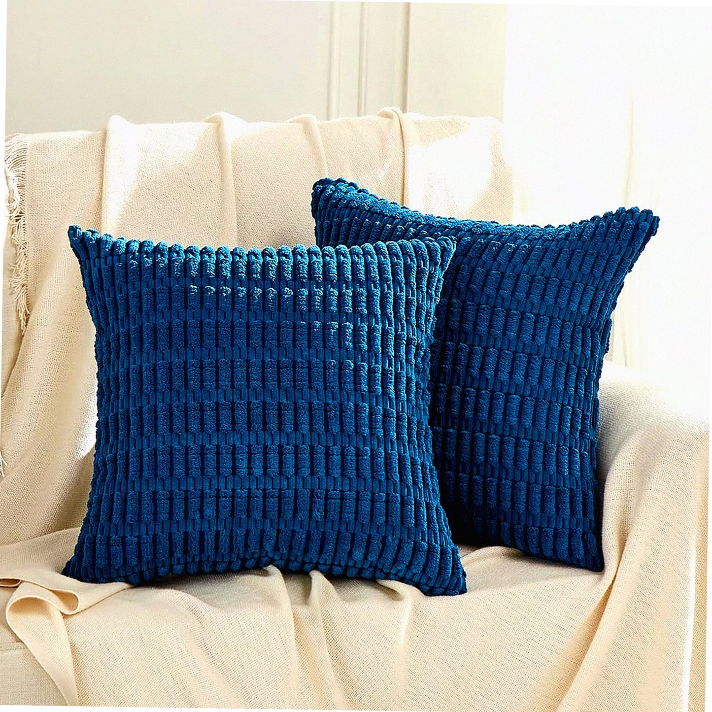 Rustic Farmhouse Teal Striped Corduroy Pillow Covers - Set of 2 | Soft Boho Decorative Cushion Cases for Living Room Couch Bed Sofa - 22x22 Inch