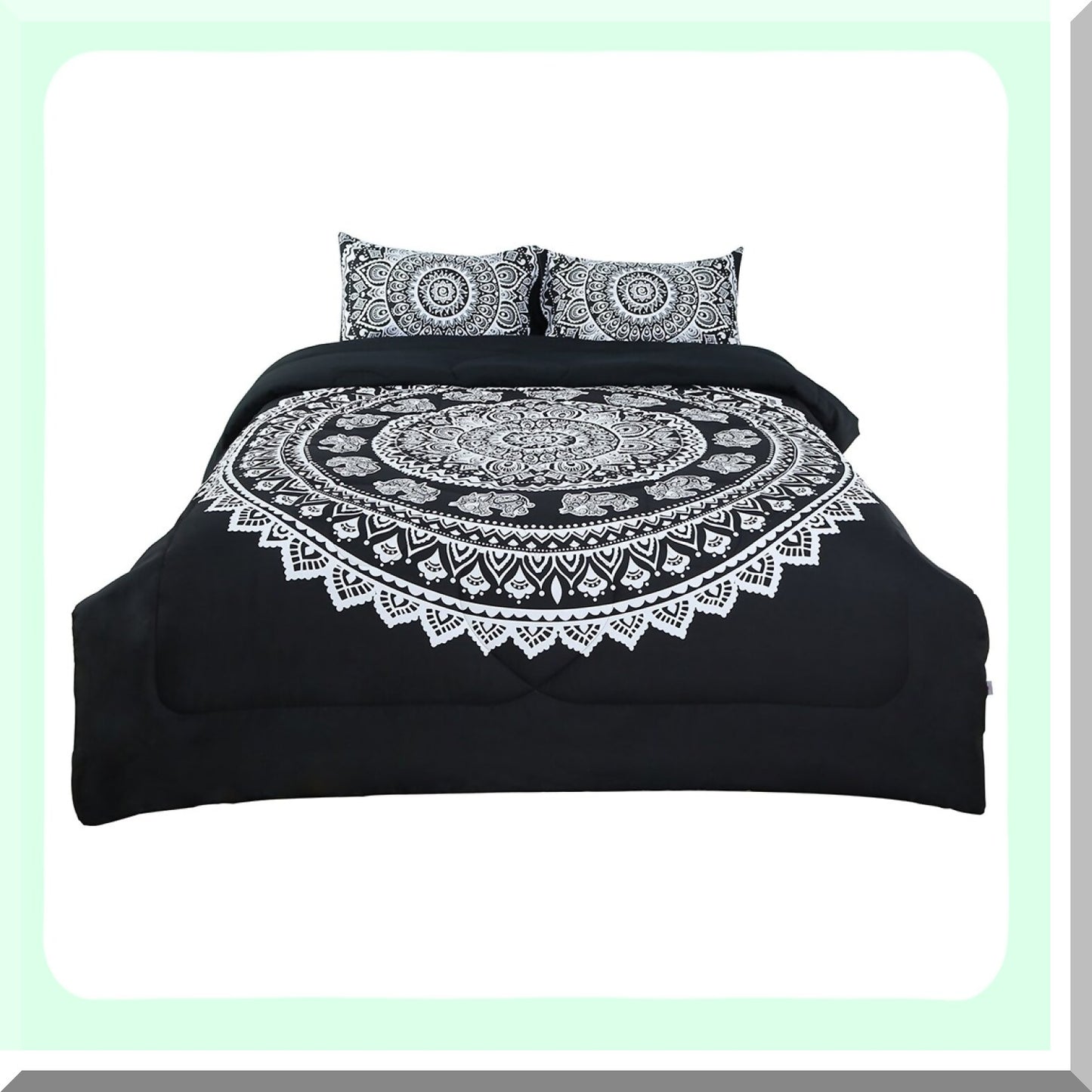 Boho Chic Reversible Comforter Set - 3-Piece All-Season Quilted Duvet with 3D Print Design - Black Bohemian Theme - Includes 1 Comforter, 2 Pillow Cases - Full Size