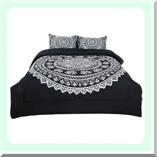 Boho Chic Reversible Comforter Set - 3-Piece All-Season Quilted Duvet with 3D Print Design - Black Bohemian Theme - Includes 1 Comforter, 2 Pillow Cases - Full Size