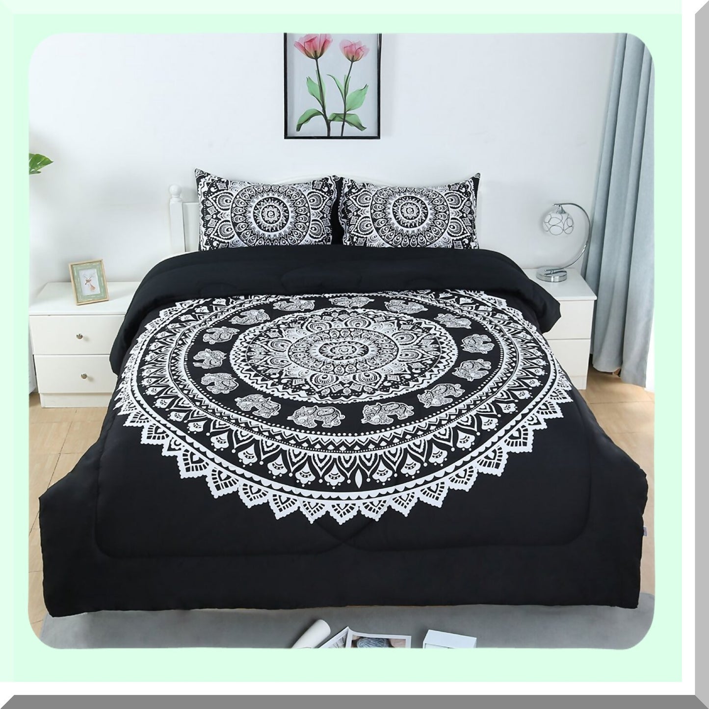Boho Chic Reversible Comforter Set - 3-Piece All-Season Quilted Duvet with 3D Print Design - Black Bohemian Theme - Includes 1 Comforter, 2 Pillow Cases - Full Size