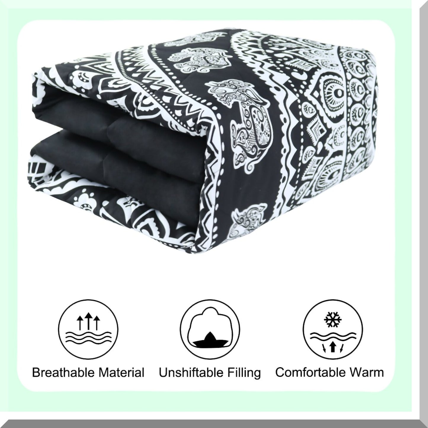 Boho Chic Reversible Comforter Set - 3-Piece All-Season Quilted Duvet with 3D Print Design - Black Bohemian Theme - Includes 1 Comforter, 2 Pillow Cases - Full Size