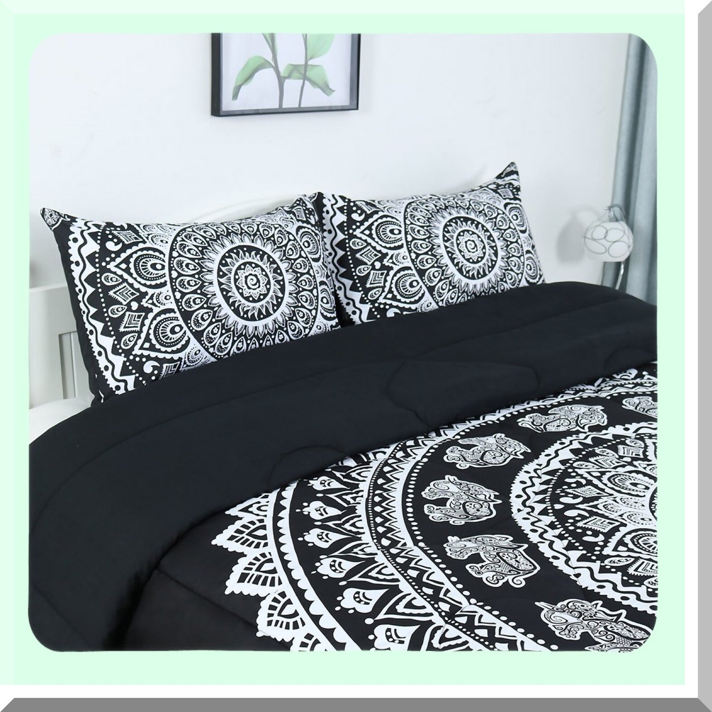 Boho Chic Reversible Comforter Set - 3-Piece All-Season Quilted Duvet with 3D Print Design - Black Bohemian Theme - Includes 1 Comforter, 2 Pillow Cases - Full Size