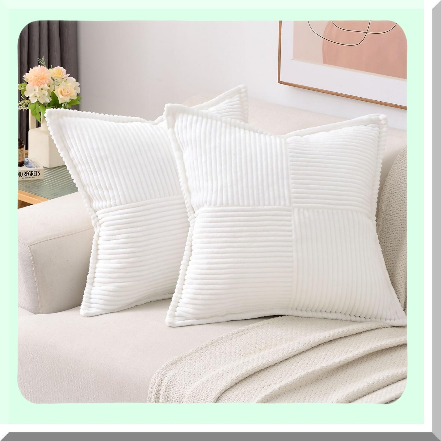 Winter White Corduroy Stripe Throw Pillow Covers - Set of 2, 18x18 Inch Square Cushion Cases for Couch and Bed Decor - Soft and Cozy Home Decorations