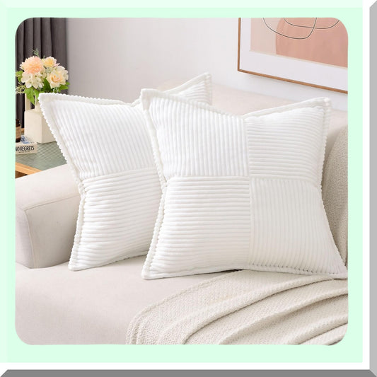Winter White Corduroy Stripe Throw Pillow Covers - Set of 2, 18x18 Inch Square Cushion Cases for Couch and Bed Decor - Soft and Cozy Home Decorations