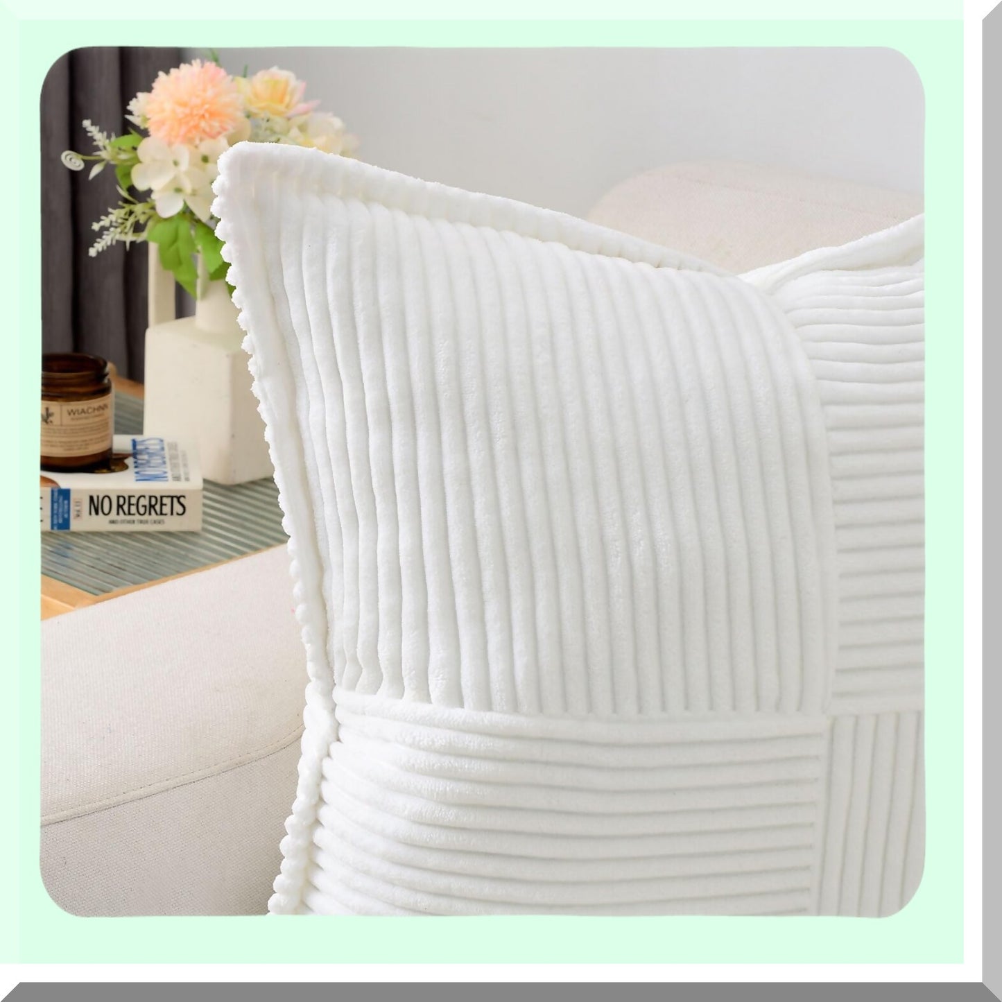 Winter White Corduroy Stripe Throw Pillow Covers - Set of 2, 18x18 Inch Square Cushion Cases for Couch and Bed Decor - Soft and Cozy Home Decorations