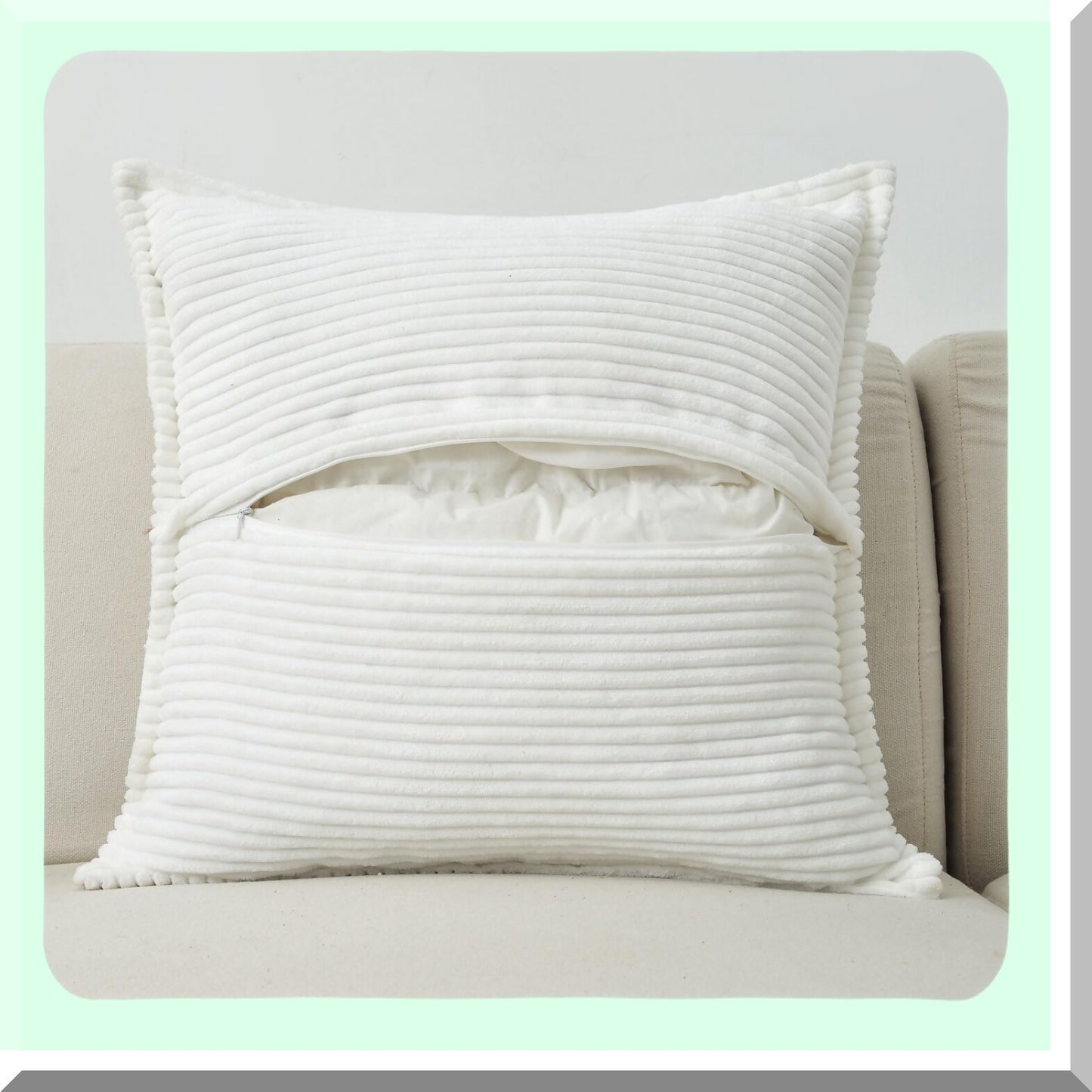 Winter White Corduroy Stripe Throw Pillow Covers - Set of 2, 18x18 Inch Square Cushion Cases for Couch and Bed Decor - Soft and Cozy Home Decorations