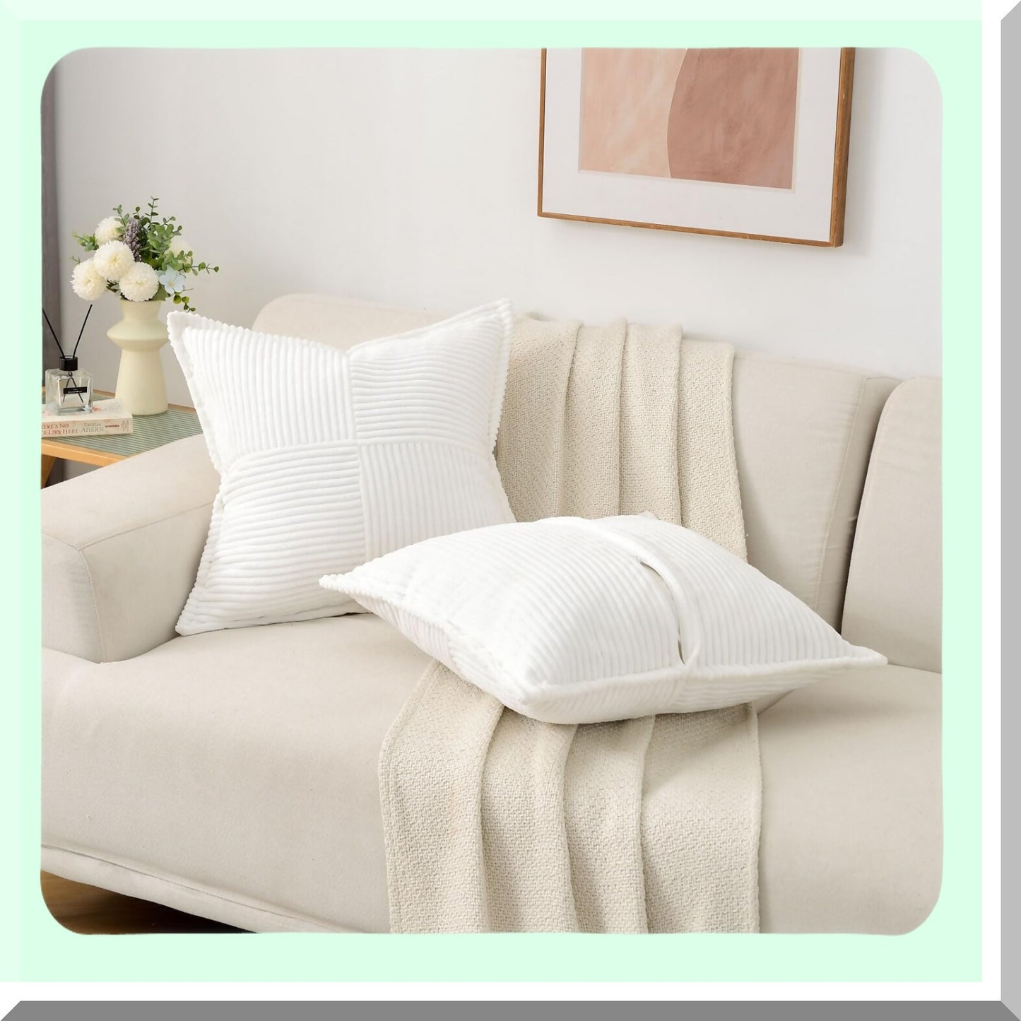 Winter White Corduroy Stripe Throw Pillow Covers - Set of 2, 18x18 Inch Square Cushion Cases for Couch and Bed Decor - Soft and Cozy Home Decorations