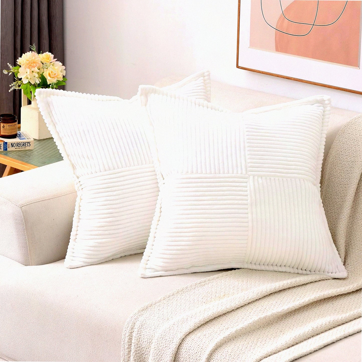 Winter White Corduroy Stripe Throw Pillow Covers - Set of 2, 18x18 Inch Square Cushion Cases for Couch and Bed Decor - Soft and Cozy Home Decorations