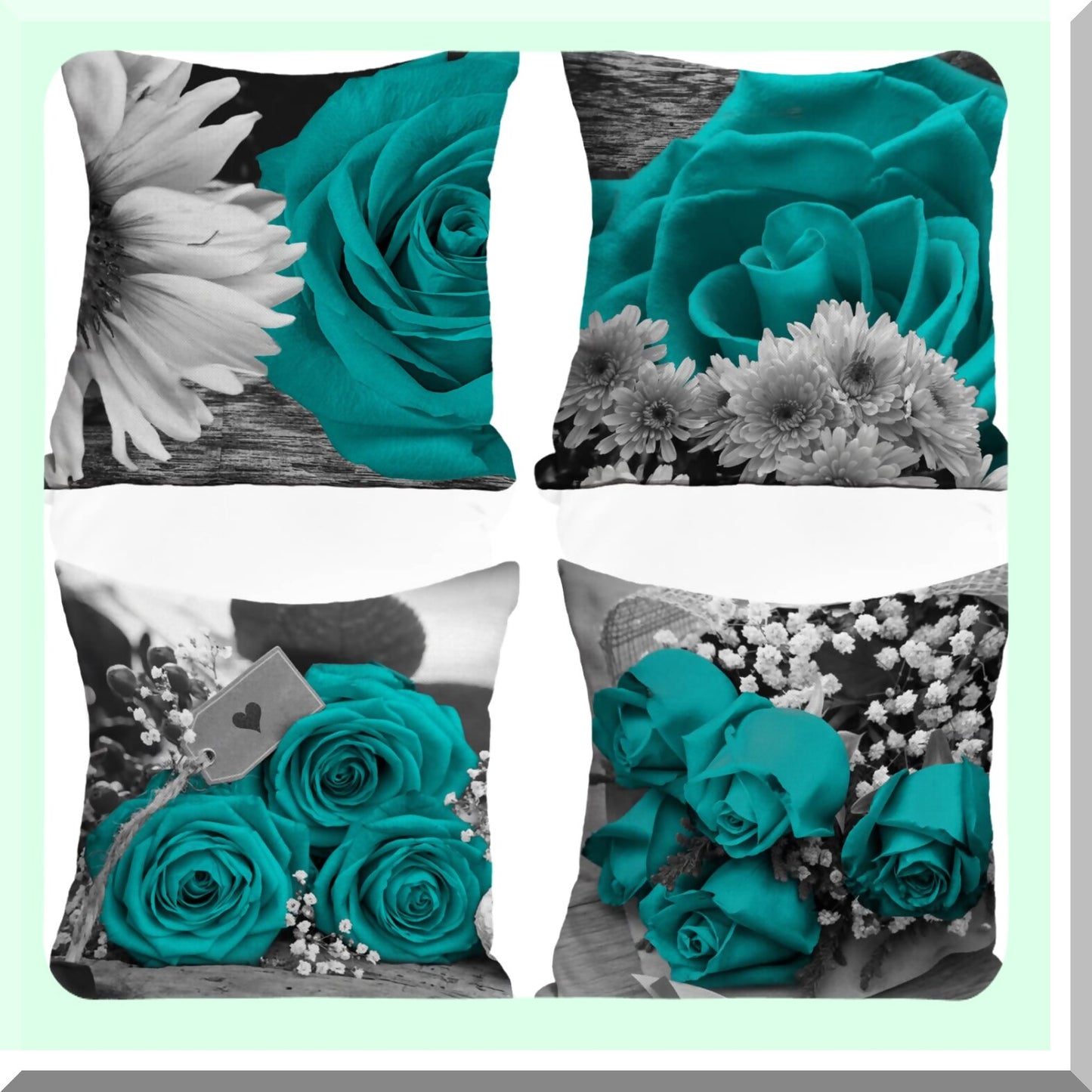 Floral Farmhouse Teal Pillow Covers - Set of 4 18x18 Decorative Throw Pillow Cases in Light Teal, Rose, Black, and Gray for Couch or Bed - Spring Summer Home Decor