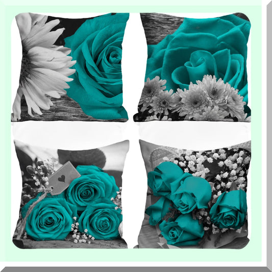 Floral Farmhouse Teal Pillow Covers - Set of 4 18x18 Decorative Throw Pillow Cases in Light Teal, Rose, Black, and Gray for Couch or Bed - Spring Summer Home Decor