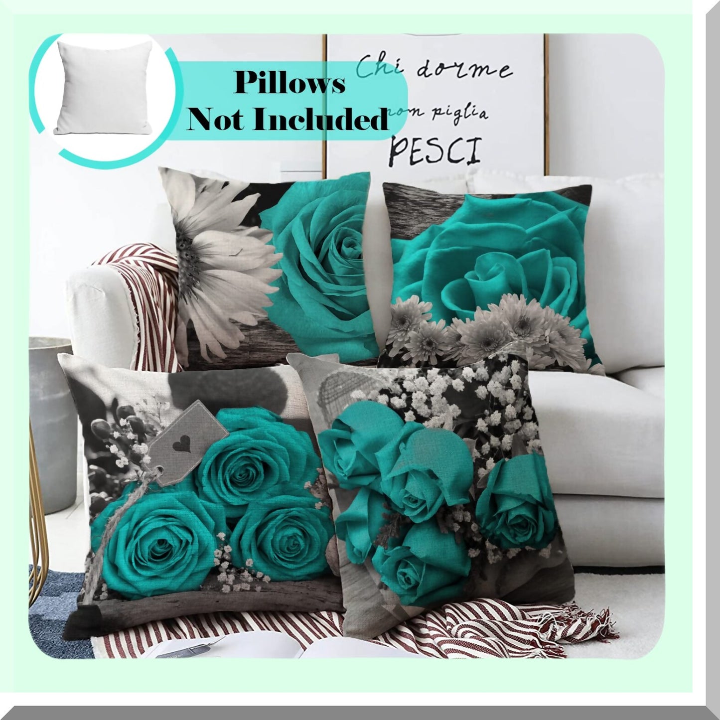 Floral Farmhouse Teal Pillow Covers - Set of 4 18x18 Decorative Throw Pillow Cases in Light Teal, Rose, Black, and Gray for Couch or Bed - Spring Summer Home Decor