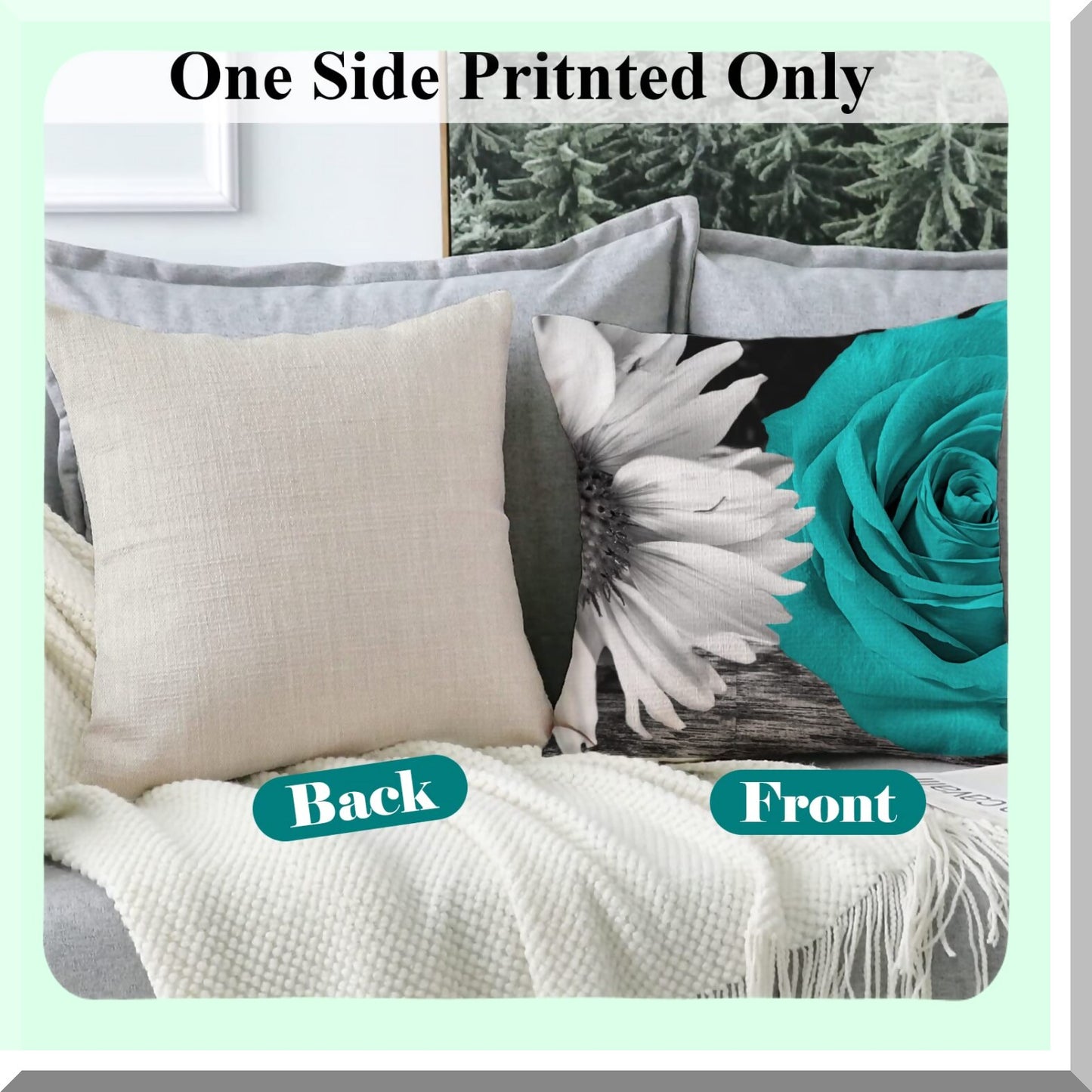 Floral Farmhouse Teal Pillow Covers - Set of 4 18x18 Decorative Throw Pillow Cases in Light Teal, Rose, Black, and Gray for Couch or Bed - Spring Summer Home Decor